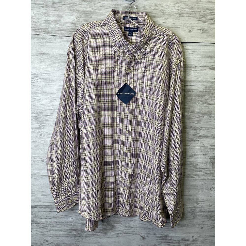 John Ashford Shirt Mens 2XL Purple Beige Plaid Button Down Long Sleeve Cotton